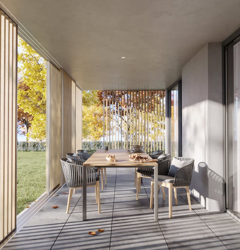 modern terrace, wooden table and chairs, large sliding doors, wooden beams, wooden ceiling, garden view
