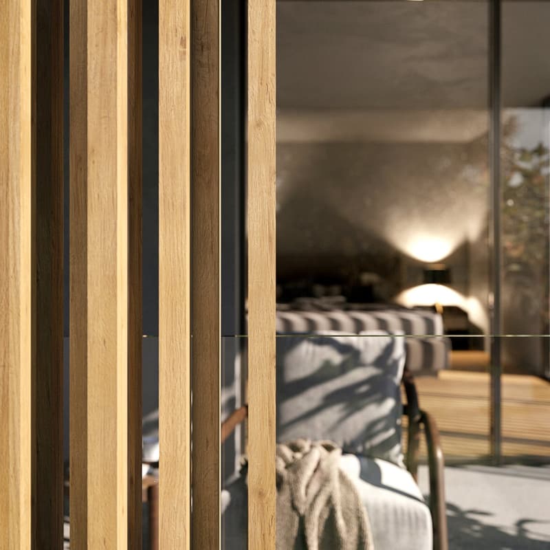 large wooden panel on the wall, modern design, glass door leading to a terrace, white interior