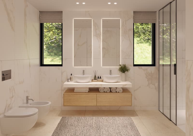 modern bathroom, white marble walls, double sinks, wooden cabinet, glass shower, white toilet, white bidet, white rug