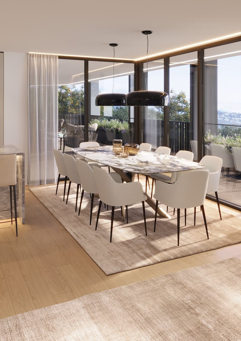Dining room with large table, white chairs, marble table top, large windows, balcony, plants, lamps