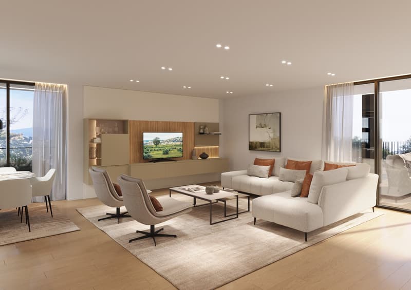 modern living room with large windows, flat screen TV, white sofa, coffee table, armchairs, rug, dining table, chairs