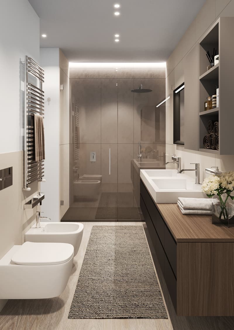 modern bathroom, white fixtures, glass shower enclosure, double vanity, wooden floor, towel rack, rug