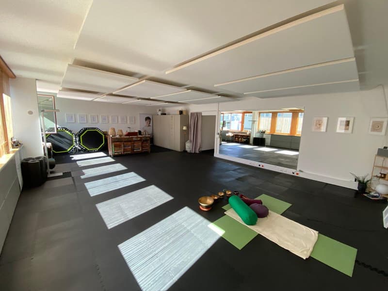 Spacious room with white walls, black flooring, yoga mats, mats, bowls, plants, wooden cabinet, picture frames, windows