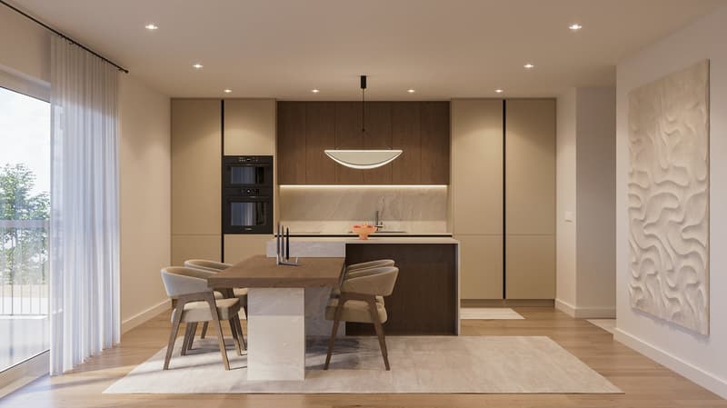 The image shows a modern, open-concept kitchen and dining room. The kitchen features dark wood cabinetry, a built-in oven, and a large island with a wooden countertop. The dining area has a wooden table with four chairs. The room is well-lit with recessed
