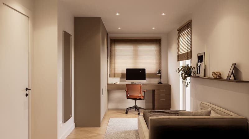 Spacious bedroom with a built-in desk and shelving unit, large windows with blinds, a comfortable sofa, and a modern office chair.
