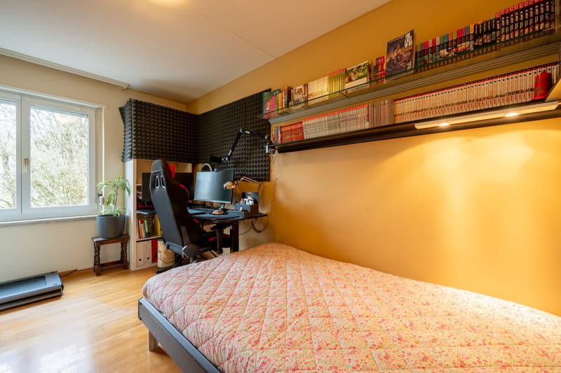 desk, computer, chair, single bed, shelves, potted plant, treadmill, glass window