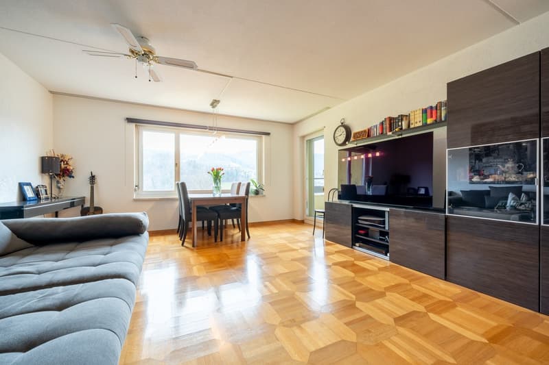 Couches, TV, desk, table, chair, guitar, books, clock, window