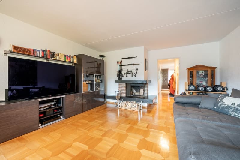 hardwood floor, flat screen tv, built-in cabinet, fireplace, sofa, couch