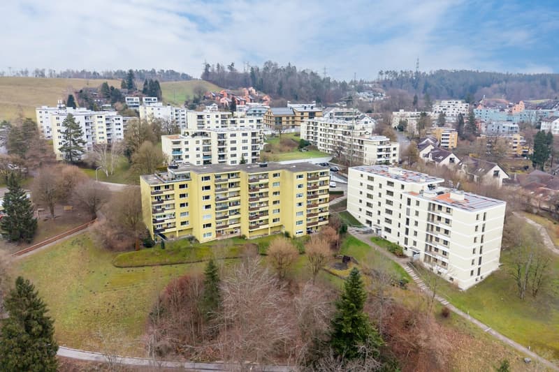 Aerial view of a residential area with many apartment buildings, yellow facades, white windows, balconies, greenery, and pathways