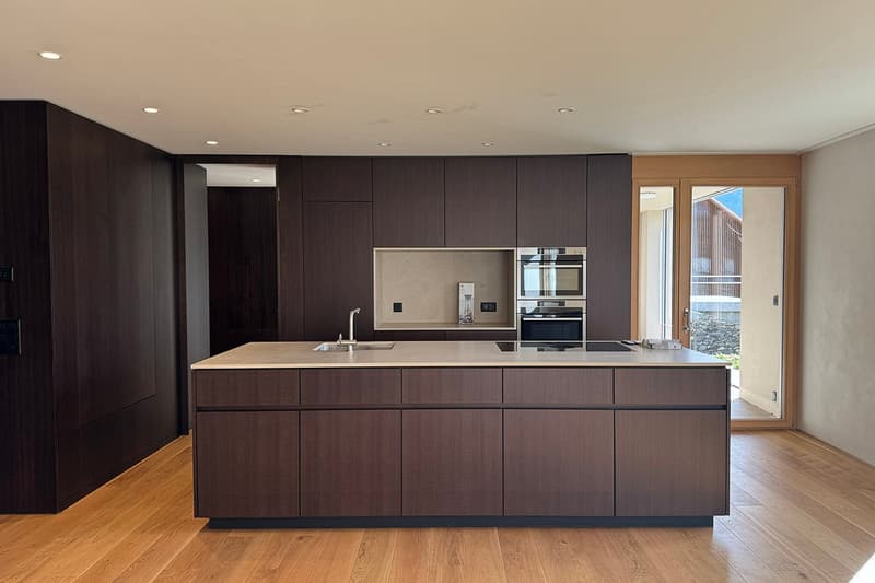 modern kitchen with granite countertop, built-in oven, sink, wooden cabinets, hardwood floors
