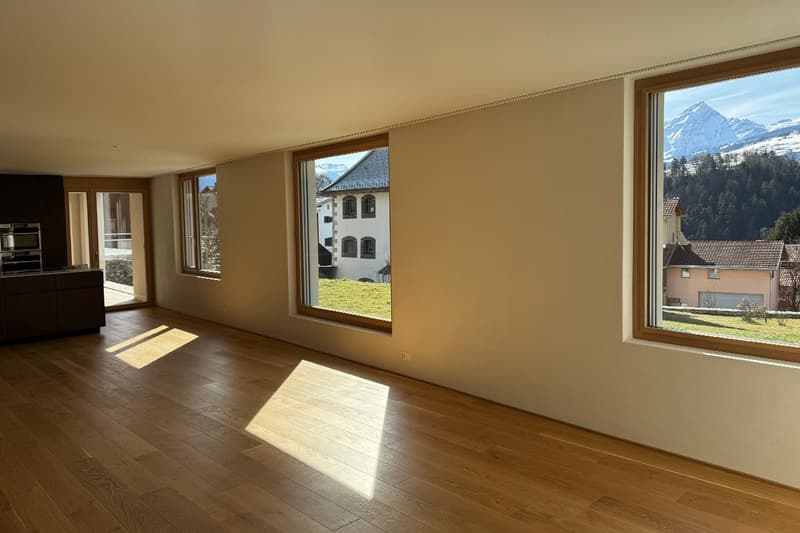 Spacious empty room with large windows, wooden floors, kitchen, mountain view