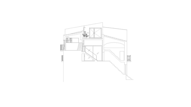 Multi-story house, main floor entrance, interior and exterior staircases, balconies on each level, double-height space on the main floor, open layout