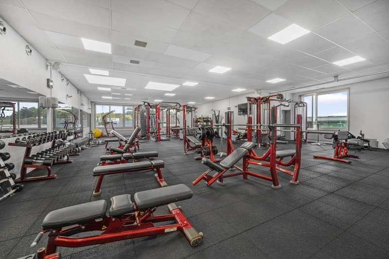 well-equipped gym with red benches, weight racks, mirrors, and windows