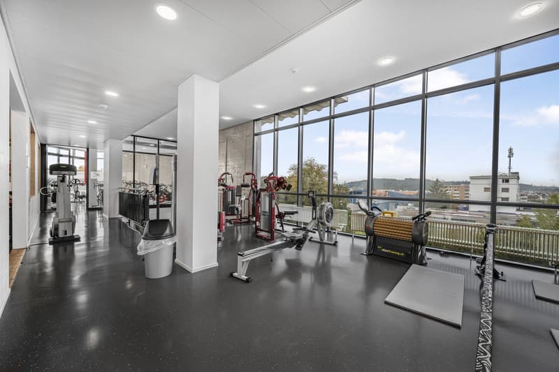 well-equipped gym room with multiple workout machines, windows, and flooring