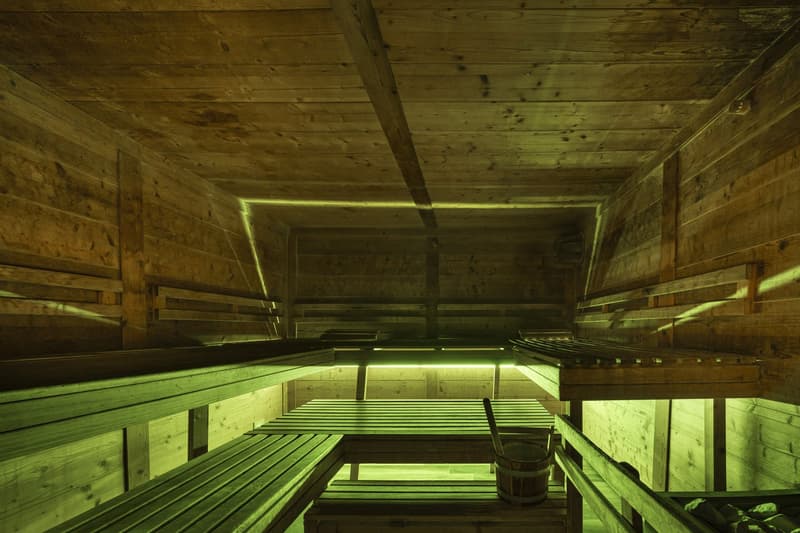 Wooden benches, wooden ceiling, wooden floor, bucket for water