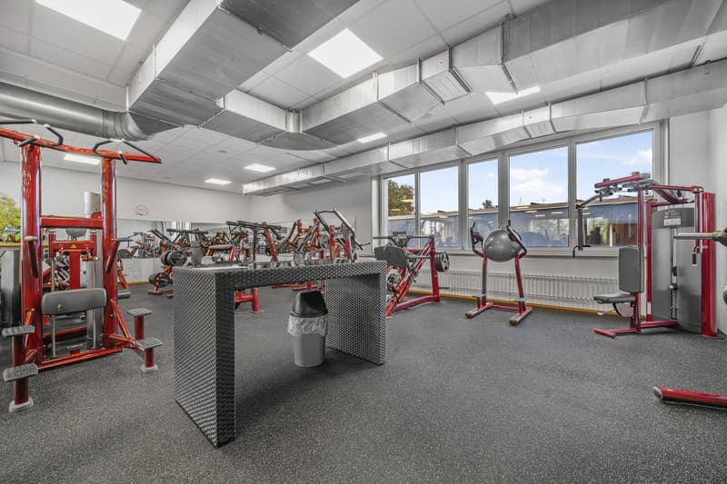 Multiple pieces of exercise equipment. Center table, trash bin. Large windows with outside view.