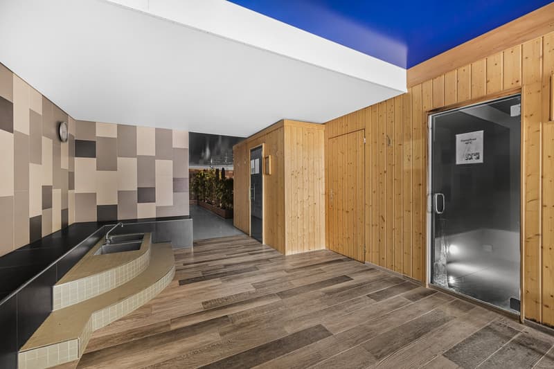 wooden walls, tiled benches, double sink, wooden benches, sliding glass door