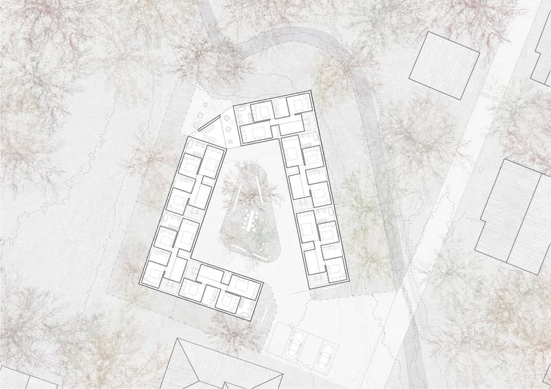 multiple buildings, parking spaces, central garden area