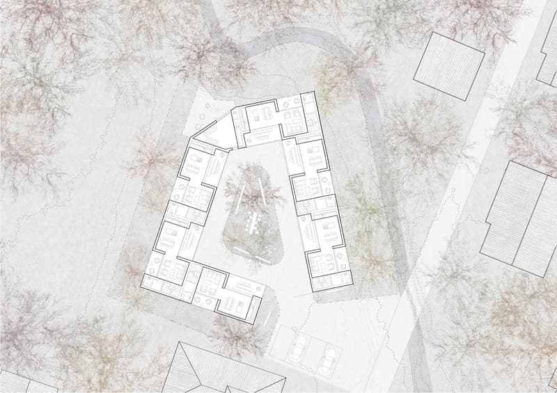 central courtyard, multiple rooms, balconies, parking area