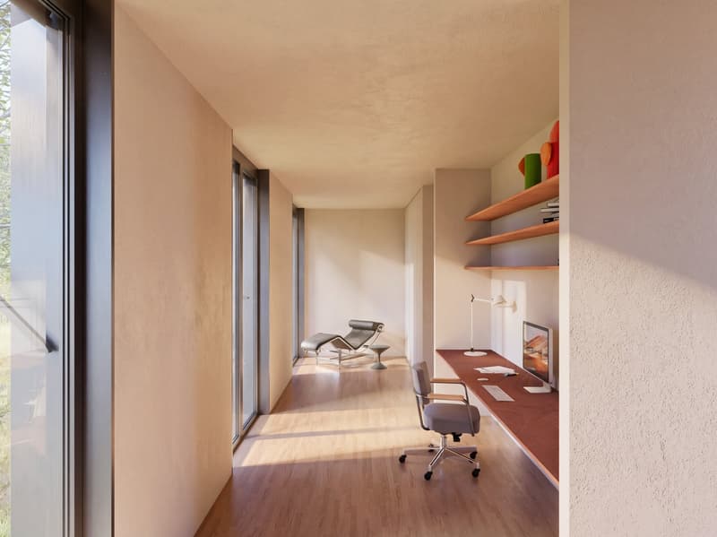 modern office space with wooden floor, large windows, desk, chair, computer monitor, shelves, and a lounge chair