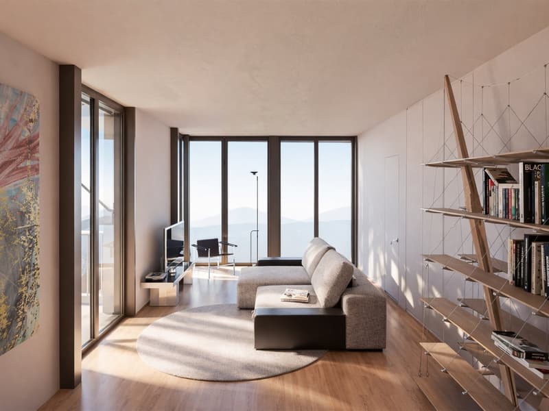 modern living room with large windows, gray sofa, wooden floor, round rug, TV, bookshelf, painting