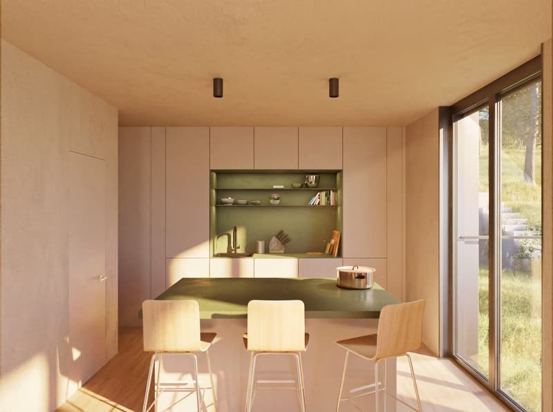 modern kitchen with large island, wooden chairs, green countertop, large windows, open to grassy area