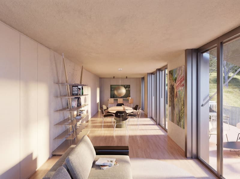 Open floor plan, modern design, wooden floor, large windows, dining area, living area, bookshelves, couch, table