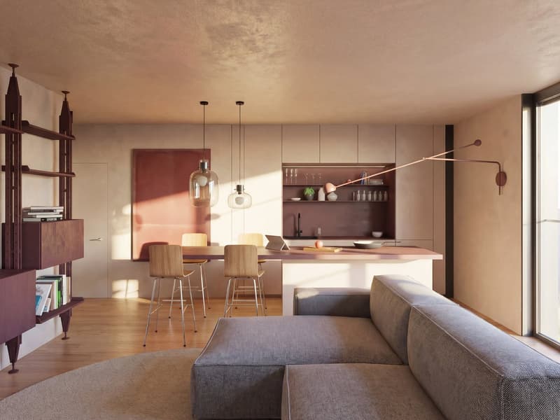 Open-plan living and dining area with a kitchen island, wooden flooring, modern furniture, and large windows.