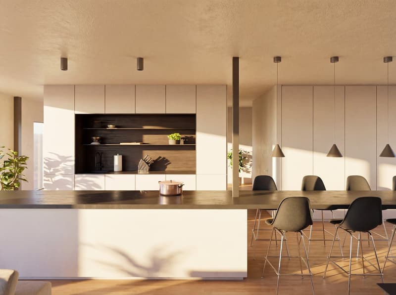 modern kitchen with large island, white cabinets, wooden floors, pendant lights, dining table with chairs