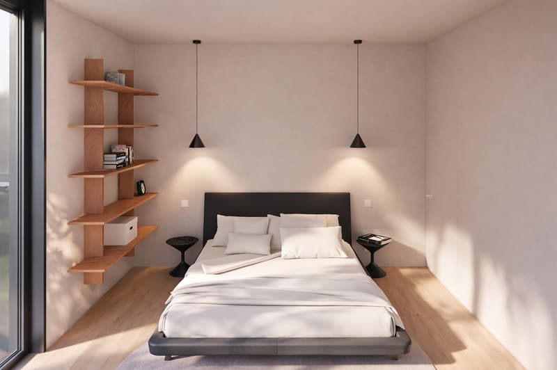 A bedroom with a bed, wooden shelves, and a glass wall