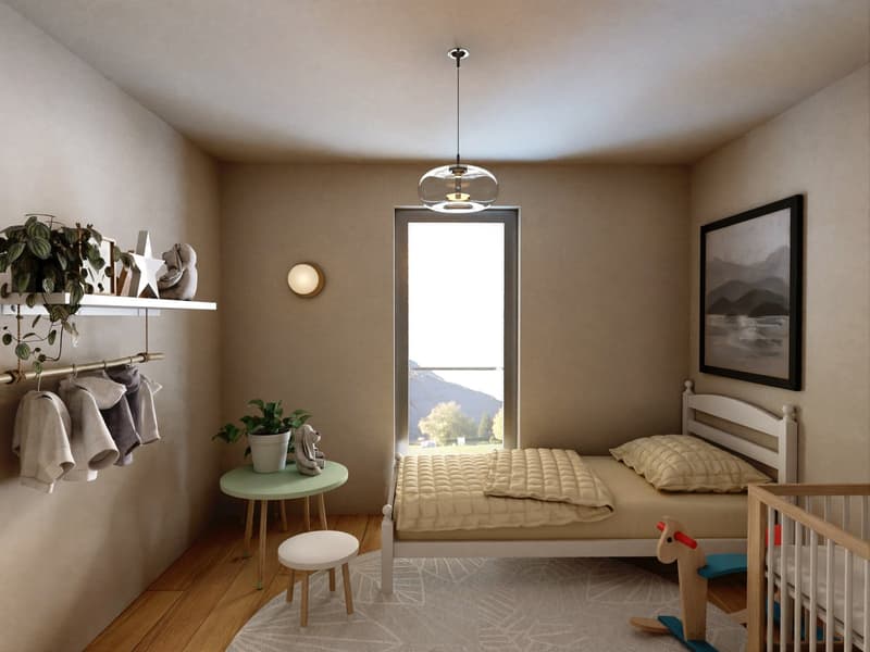 small bedroom with bed, bedside table, stool, rug, window, picture frame, wall lamp, hanging clothes, plant, and toys