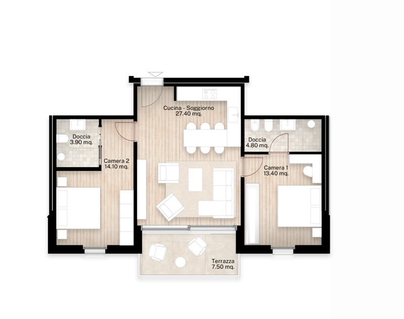 Floor plan with living room, kitchen, 2 bedrooms, 2 bathrooms, terrace