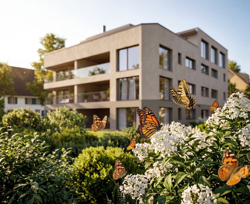 Modern apartment building, multiple floors, large windows, balconies, surrounded by greenery