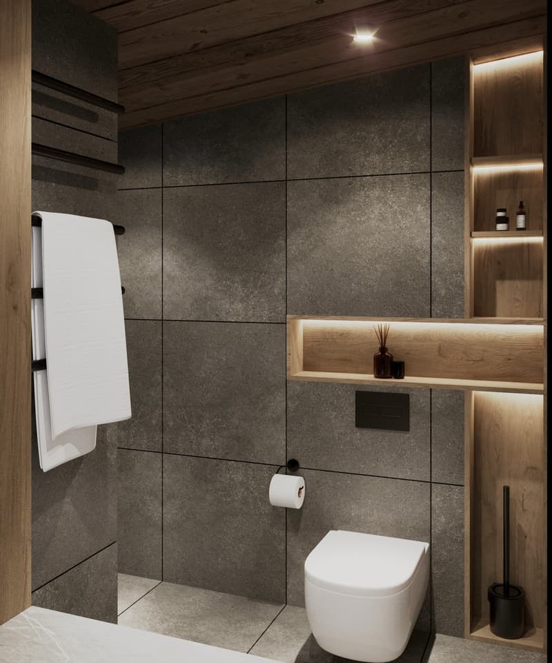Modern bathroom with concrete walls, a white ceramic toilet, wooden shelves, recessed lighting, towel hanger, and a towel rack.