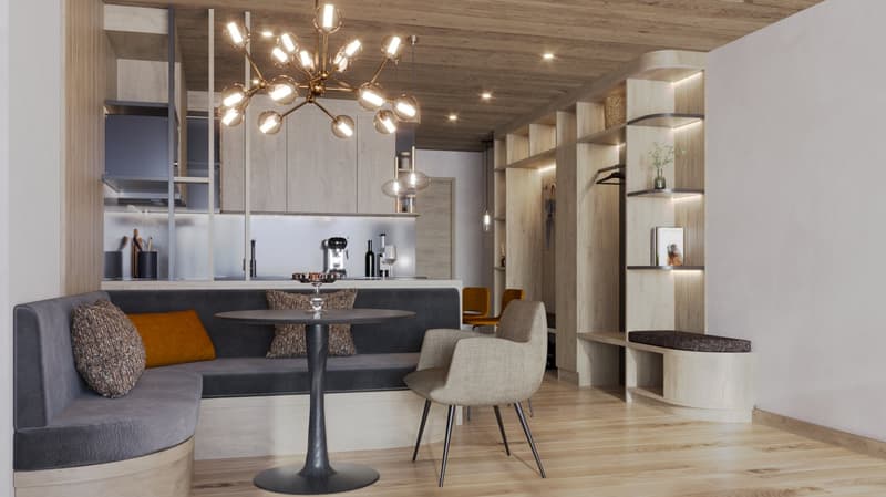 Modern room with wooden floors, grey sofa, table, chairs, large central chandelier, wooden shelves, kitchen area