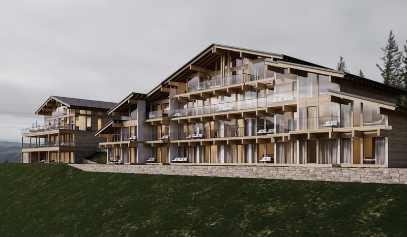 Luxury multi-story hotel with multiple balconies, large windows, wooden walls, and landscaped garden.