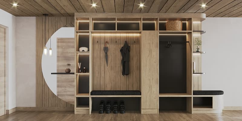 wooden floor, wooden cabinet, open shelves, storage boxes, hanging hooks, shoes, and umbrellas