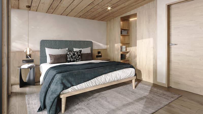 Bedroom with bed, nightstand, shelves, carpet, hanging lamp