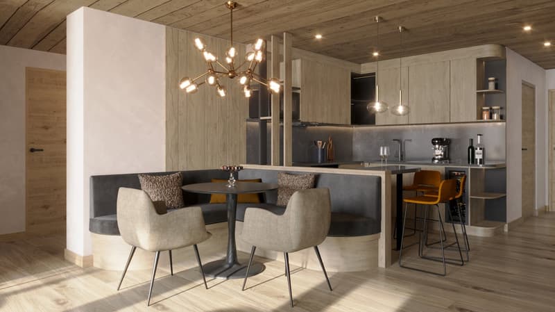 open plan kitchen, dining area, light wood flooring, pendant lighting, round dining table, bar stools, wooden bench, decorative pillows