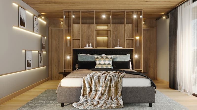 Master bedroom, wooden panels, wooden flooring, ceiling lights, bed, bedsheets, blanket, nightstands, decorative objects
