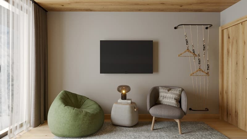 room with TV, beanbag chair, round table, lamp, chair, rug, clothes hanger