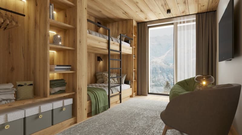 Wooden walls, Bunk beds, Shelves, Carpet, Chair, Large window, Television