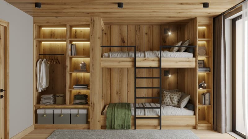 Wooden bunk beds, wooden walls, storage boxes, bookshelves, windows, hanging clothes, carpet
