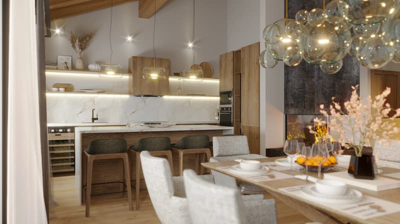 Modern kitchen with island, dining table with seating, marble countertops, wooden cabinets, fireplace, chandelier lighting, and wine storage