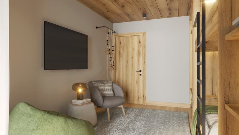 chair, table, lamp, television, hanging hangers, wooden bed, rug