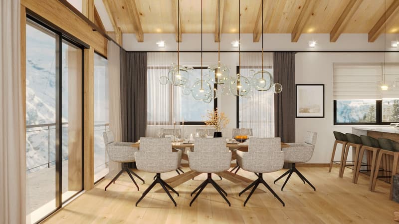 Dining area with dining table, chairs, chandeliers, large windows