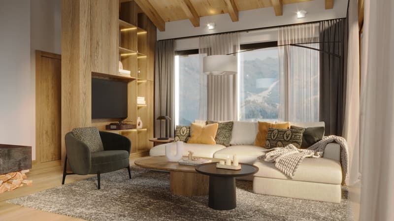 wooden wall paneling, wide windows, couches, tables, chair, TV, floor lamp, curtain