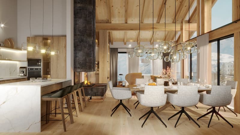 Fireplace, dining table, modern chairs, chandeliers, kitchen bar, marble countertop