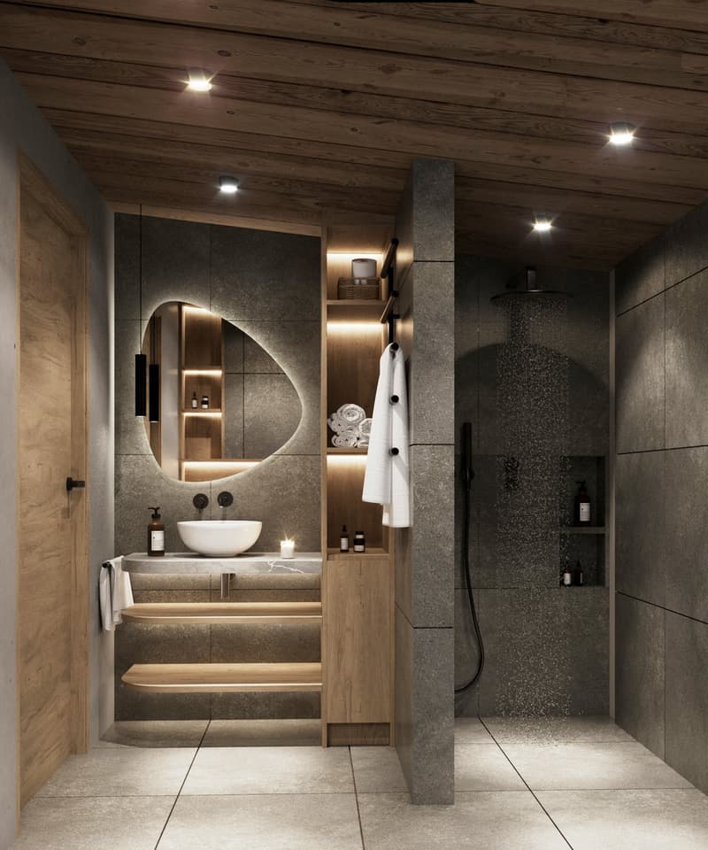 modern bathroom with wooden ceiling, large mirror, white sink, wooden shelves, shower area, towel rack, and built-in lighting