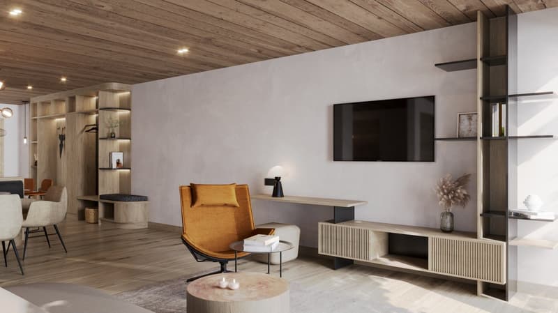 Spacious living room with wooden ceiling, gray walls, wooden shelving unit, leather armchair, coffee table, and a mounted TV on the wall